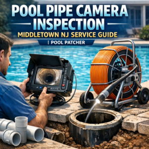 Technician performing underwater pool pipe camera inspection for maintenance in Middletown, NJ.