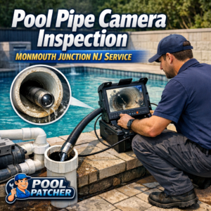 Technician using a camera to inspect pool pipes in Monmouth Junction, NJ for leak detection and maintenance.