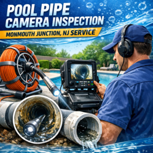 Technician using a camera to inspect pool pipes, ensuring clear plumbing in Monmouth Junction, NJ.
