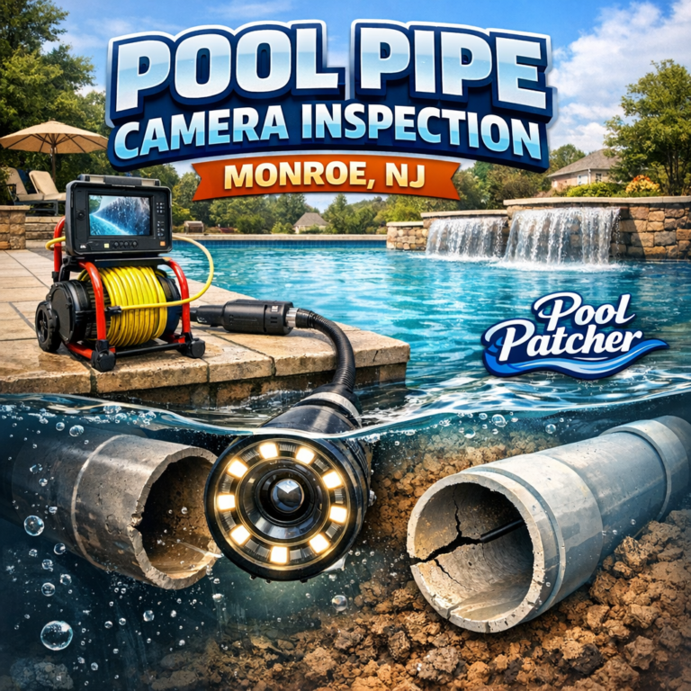 Technician performs pool pipe camera inspection using specialized equipment in Monroe, NJ pool service.