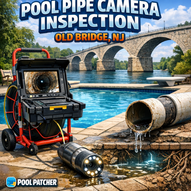 Technician using a camera inspection system to examine pool pipes under an Old Bridge, NJ pool.