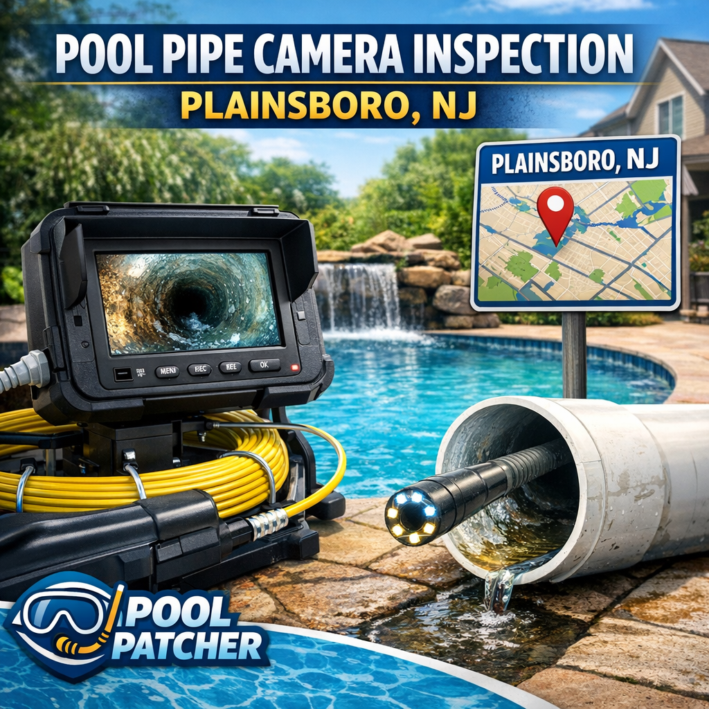 Close-up of a pool pipe camera inspecting underground pipes for a residential swimming pool in Plainsboro, NJ.