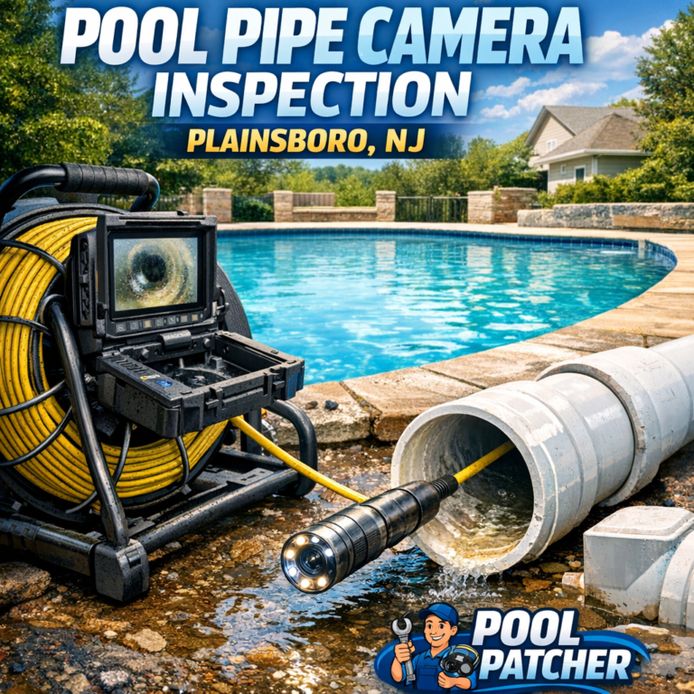 Close-up of a camera inspecting inside a pool pipe for maintenance in Plainsboro, NJ.