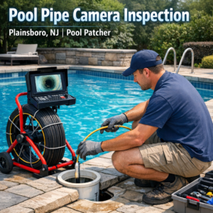 Technician performing a professional pool pipe camera inspection in Plainsboro, NJ with specialized equipment.