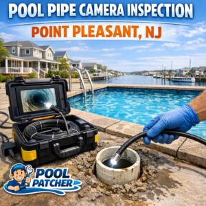 Close-up of a technician using a camera for pool pipe inspection in Point Pleasant, NJ.