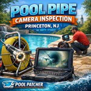 Technician performing pool pipe camera inspection using specialized equipment at a residential pool in Princeton, NJ.