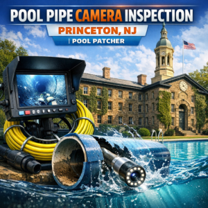 Technician conducting pool pipe camera inspection with advanced equipment in a residential backyard in Princeton, NJ.