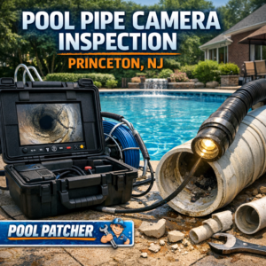 Close-up of a phone screen showing a pool pipe camera inspection video with clear pipe interior details.