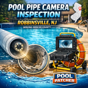Technician using a camera to inspect pool pipes during maintenance in Robbinsville, NJ.