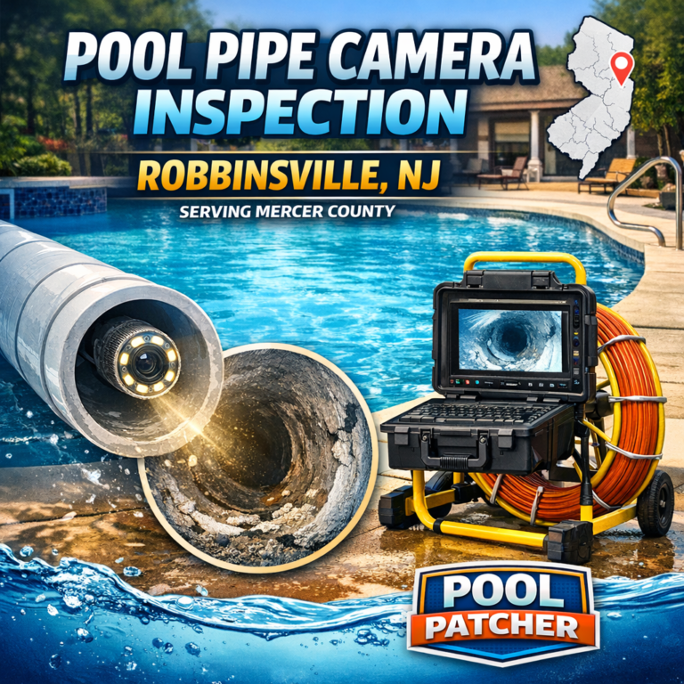 Technician using a camera to inspect pool pipes during maintenance in Robbinsville, NJ.