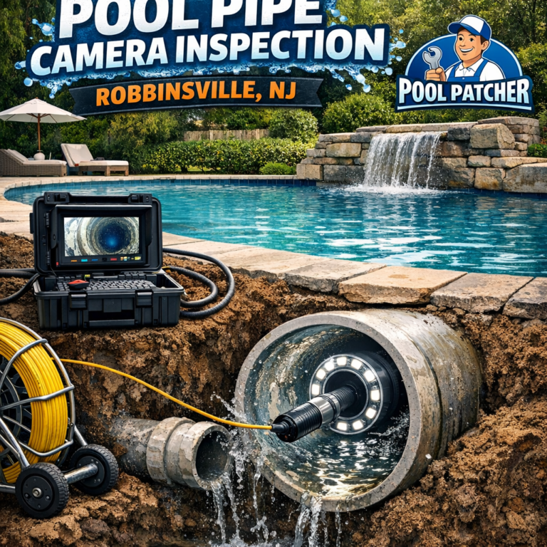 Close-up of a pool pipe interior during a camera inspection in Robbinsville, NJ.