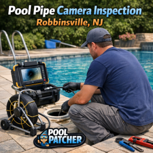 Close-up of a technician performing a professional pool pipe camera inspection in Robbinsville, NJ.