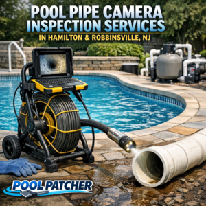 Technician using a camera to inspect underground pool pipes for blockages or damage.