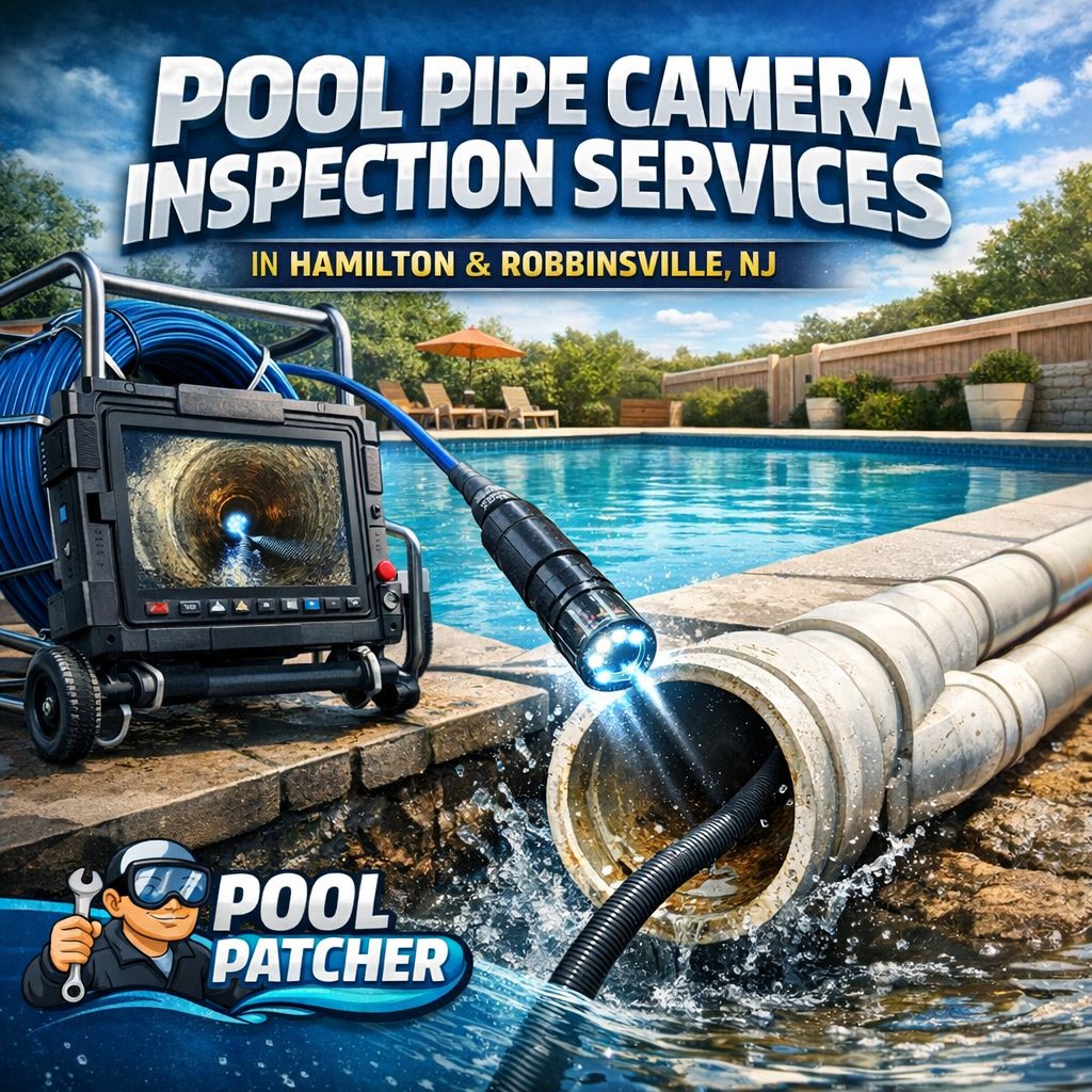Technician performing underwater camera inspection inside a pool pipe to check for blockages or damage.