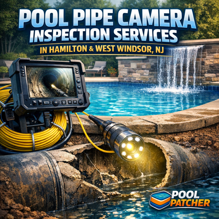 Technician using a handheld camera to inspect pool pipes for maintenance and repair.
