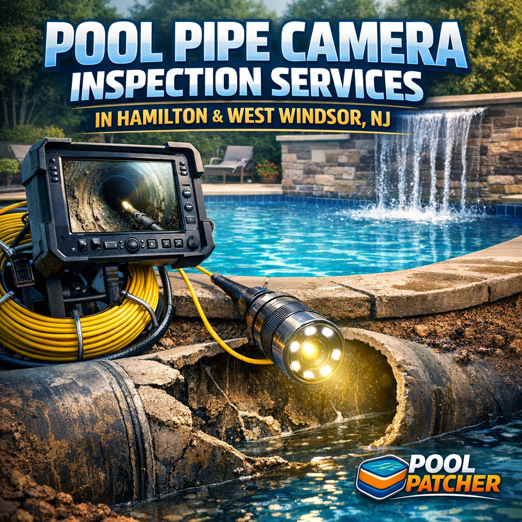 Technician using a handheld camera to inspect pool pipes for maintenance and repair.