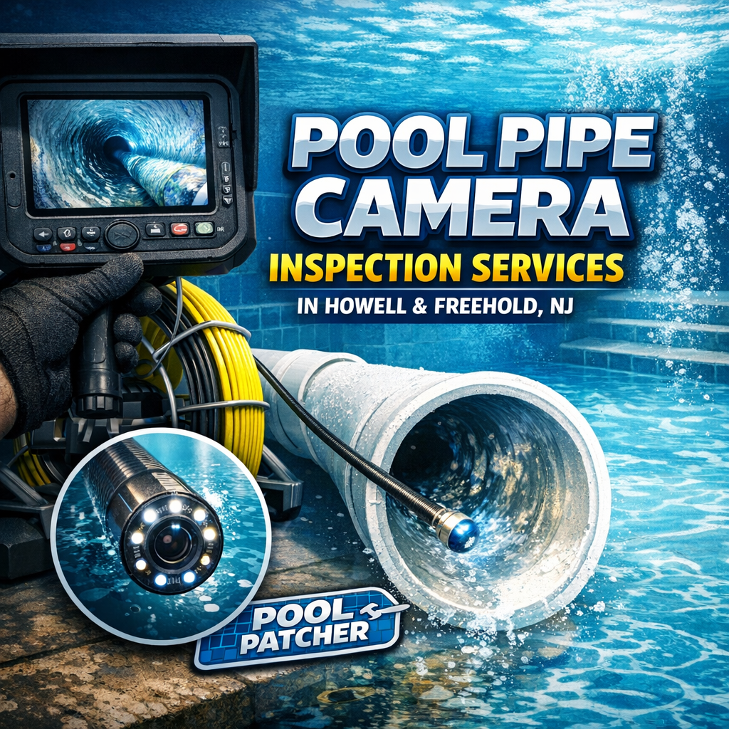 Technician performing underwater camera inspection of pool pipes for maintenance in Howell and Freehold, NJ.