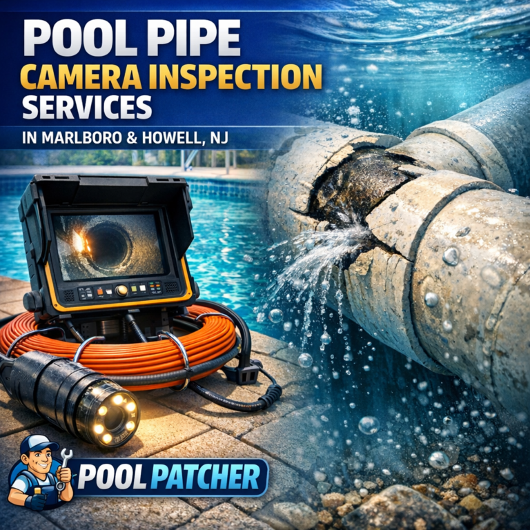 Technician inspecting pool pipes with a camera system for pool pipe inspection services in Marlboro and Howell, NJ.