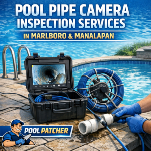 Technician using a camera inspection tool to check pool pipes for blockages and damage.