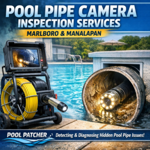 Technician uses a camera to inspect underground pool pipes for leaks and damage in Marlboro and Manalapan.