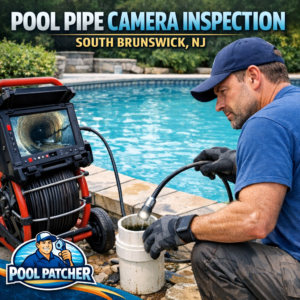 Technician conducting a pool pipe camera inspection in South Brunswick, NJ, using specialized camera equipment.
