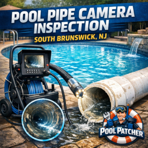 Technician performing underwater camera inspection inside a pool pipe in South Brunswick, NJ.