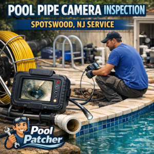 Technician using a camera to inspect underground pool pipes at a residential property in Spotswood, NJ.