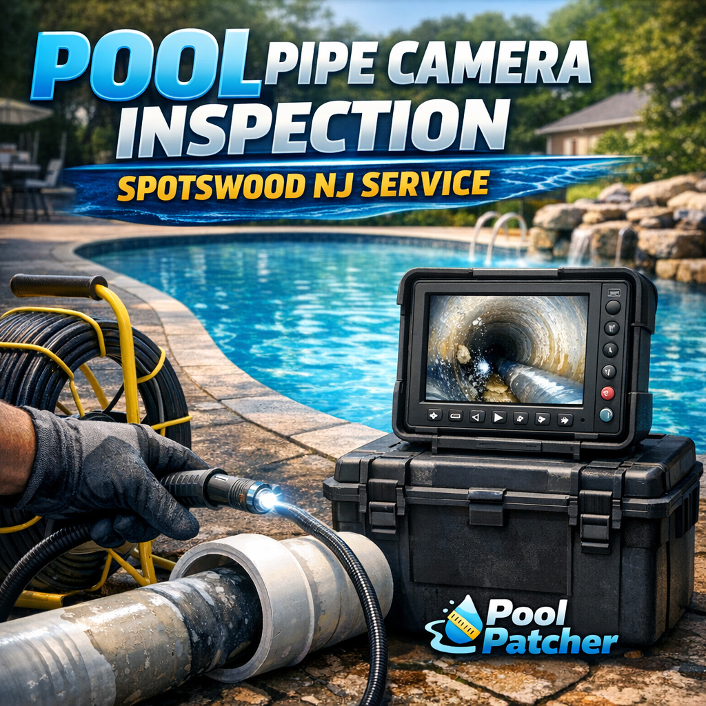 Technician using a camera to inspect pool pipes during a Pool Patcher service in Spotswood, NJ.