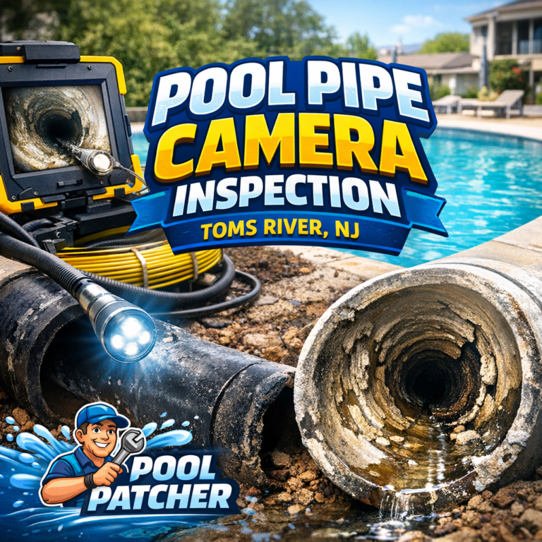 Close-up of a technician inspecting a pool pipe using a camera in Toms River, NJ for maintenance.