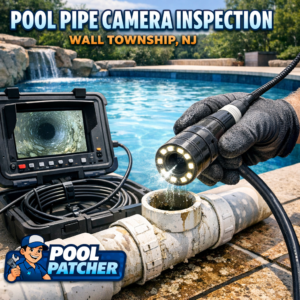 Camera inspecting a pool pipe underground in Wall Township, NJ for pipe damage detection.
