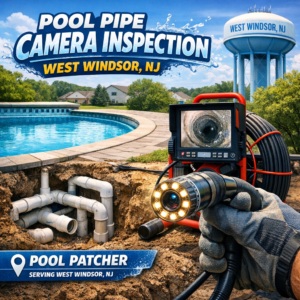 Technician using a camera to inspect pool pipes for leaks in West Windsor, NJ.