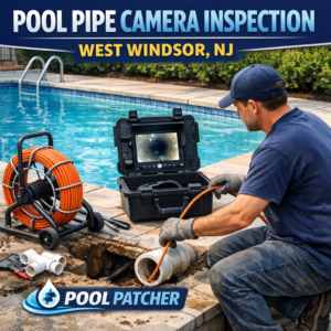 Technician performing a pool pipe camera inspection with equipment beside a pool in West Windsor, NJ.