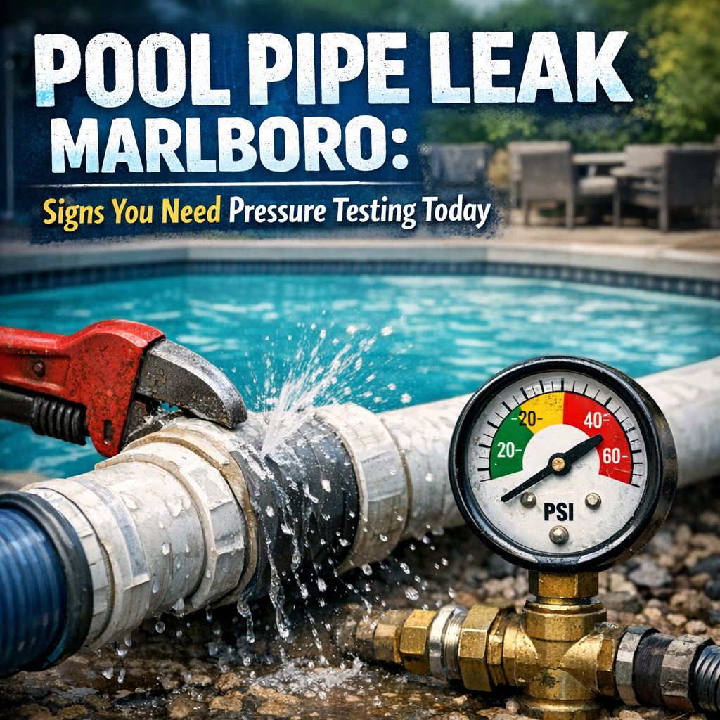 Close-up of a leaking pool pipe with water spraying, highlighting the need for pressure testing services in Marlboro.