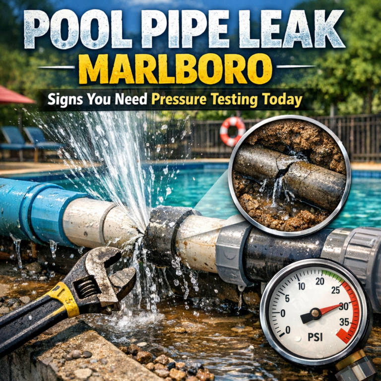 Close-up of a pool pipe leak with water spraying, highlighting the need for pressure testing services in Marlboro.