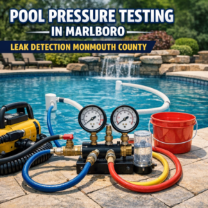 Technician performing pool pressure testing with equipment to detect leaks in an outdoor pool in Marlboro, Monmouth County.