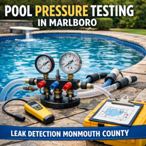 Technician performing pool pressure testing for leak detection in a residential backyard in Marlboro, Monmouth County.