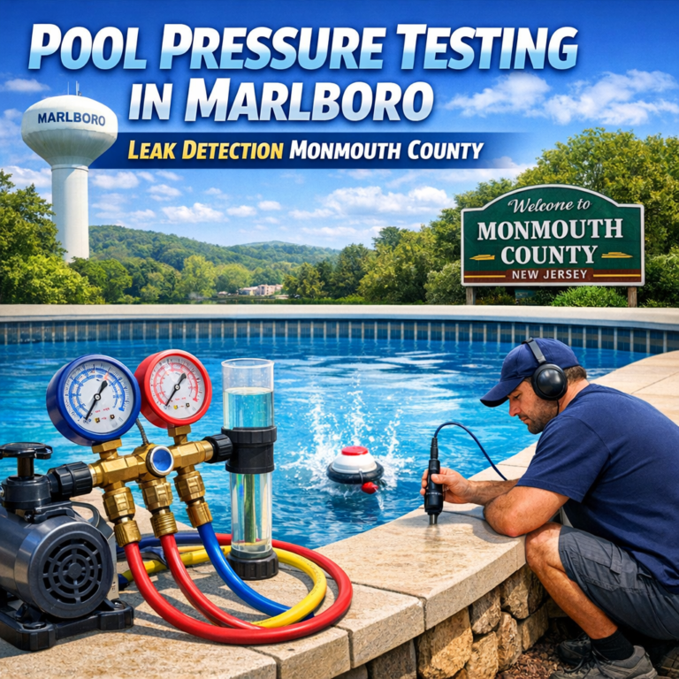 Technician performing pool pressure testing to detect leaks in Marlboro, Monmouth County pool.