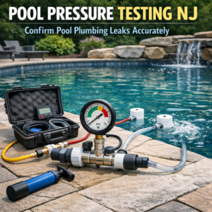 Pool pressure testing equipment set up beside a swimming pool for plumbing leak detection in New Jersey.