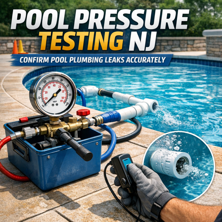 Pool pressure testing equipment with gauges and hoses set up to detect leaks in pool plumbing in New Jersey.