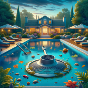 Luxury house with a glowing swimming pool, lounge chairs, and umbrellas at dusk.