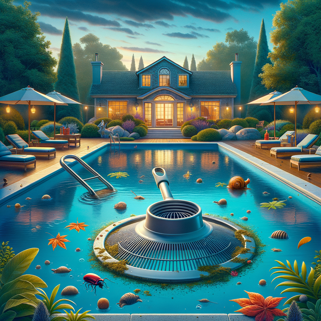 Luxury house with a glowing swimming pool, lounge chairs, and umbrellas at dusk.
