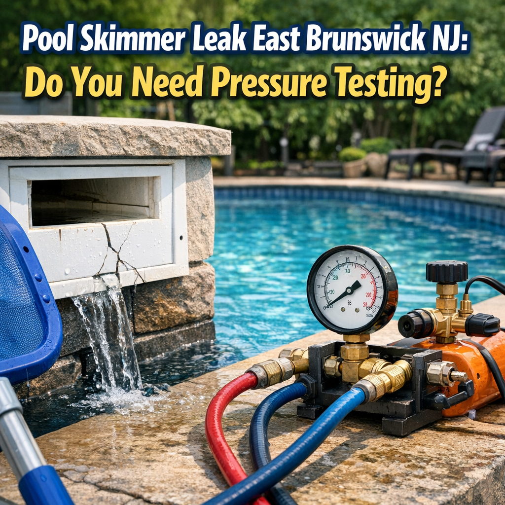 Technician performing pool skimmer leak pressure testing for maintenance in East Brunswick, NJ.