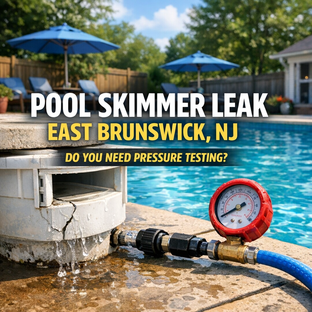 Technician performing pressure testing to detect a pool skimmer leak in East Brunswick, NJ backyard pool.