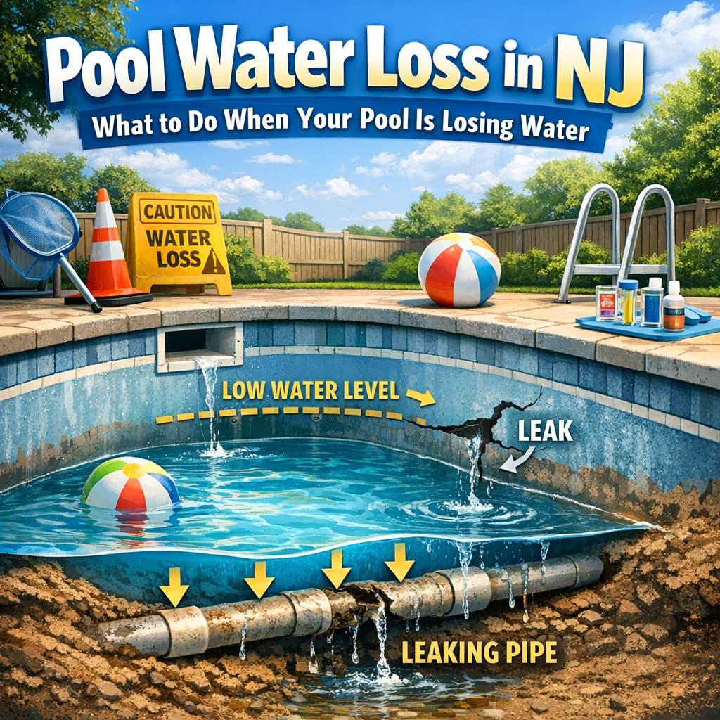Illustration showing common causes and solutions for pool water loss in New Jersey.