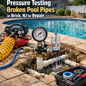 Technician pressure testing and repairing broken pool pipes with specialized equipment in Brick, NJ.