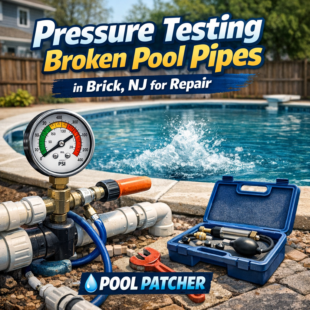 Pressure testing equipment and tools set up near a backyard swimming pool for broken pipe repair in Brick, NJ.
