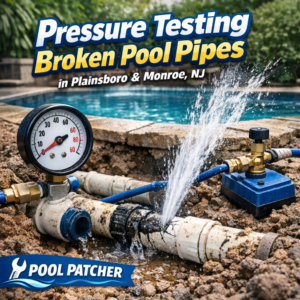 Technician pressure testing broken pool pipes with gauges and tools in an outdoor pool area in Plainsboro and Monroe, NJ.