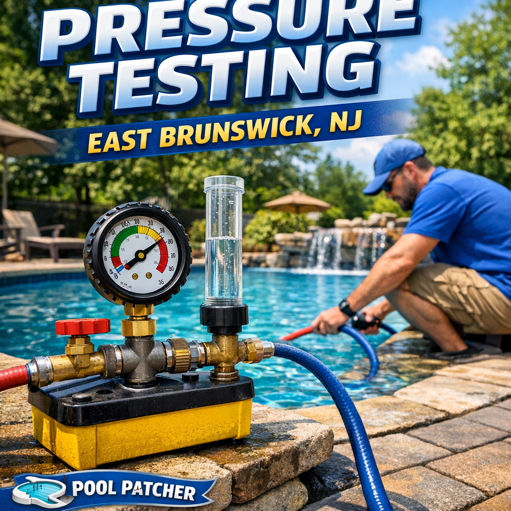 Technician using pressure testing equipment to service a pool in East Brunswick, NJ.