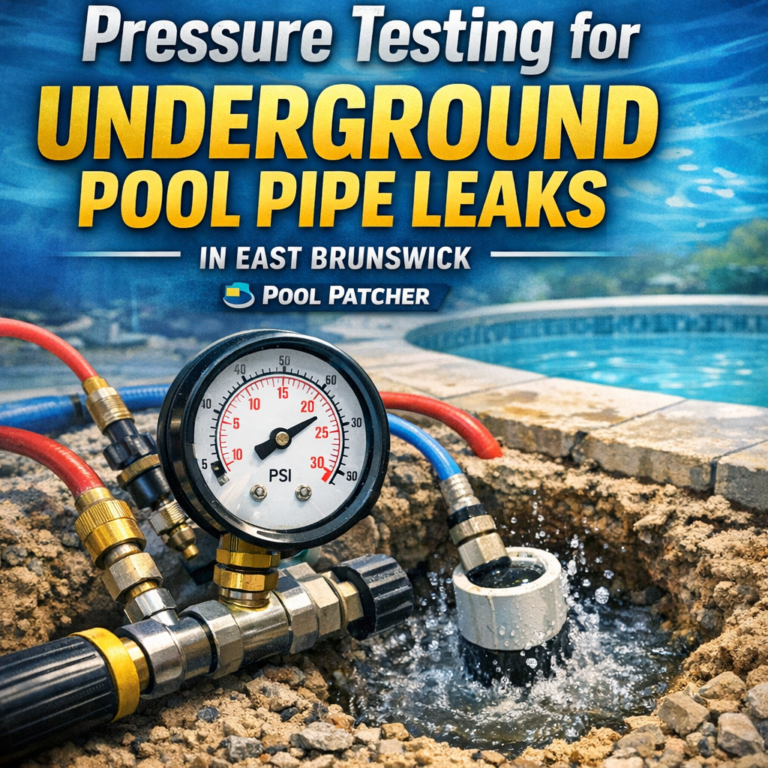 Pressure testing equipment connected to underground pool pipes to detect leaks in East Brunswick.