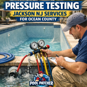 Technician performing pool pressure testing using specialized equipment at a residential pool in Jackson, NJ.